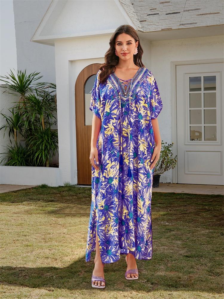EDOLYNSA Plus Size Kaftan Purple Bohemian Printed Tasseled V-neck Summer Long Beach Dress Women Homewear Swim Suit Cover Up Loose Caftan Q1627