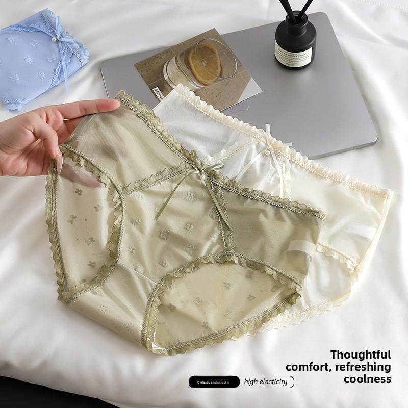 Female Spring and Summer Simple Sexy Lace Stitching Mesh 10A Grade Antibacterial Breathable Mid Waist Underwear