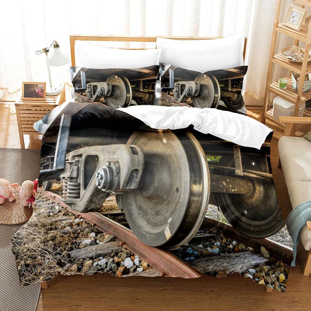 Steam Engine Duvet Cover Set Transportation Old Train King Queen Full Size Polyester Bedding Set for Teen Boys Adult Living Room