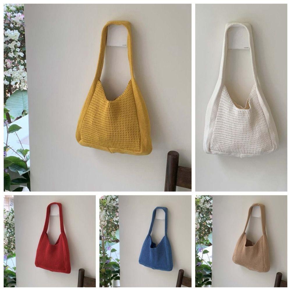Sweet Knitted Tote Bag Breathable Large Capacity Crochet Shoulder Bag Solid Color Polyester Seaside Vacation Handbag Spring