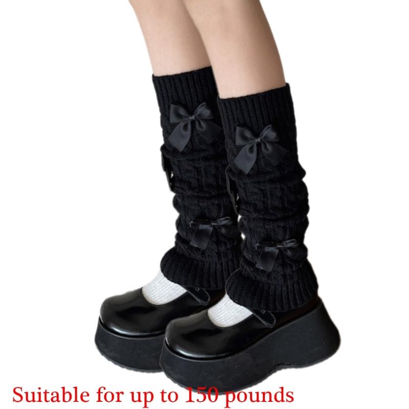 Womens Girls Japanese Cable Knitted Stretch Leg Warmers Sweet Bowknot Accent Leg Covers Footless Boot Socks Streetwear