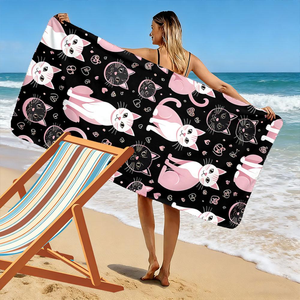 Whimsical pink feline charm Print beach towel, quick drying, suitable for travel, outdoor sports, jogging, the beach and swimming, gift