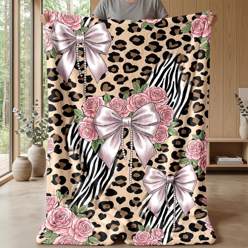 Leopard Roses and Bows Theme blanket Lightweight Warm Flannel Blanket Decorative Throw Blanket for Home Decoration