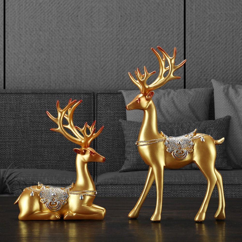 2pcs Modern Elk Statue Resin Animal Sculpture Couple Deer Ornaments Micro Landscape