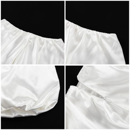 Women Balloon Skirt Pleated Solid Color Elastic High Waist Loose A-line Satin Smooth Surface Dating Party Commute Vacation Mini Skirt