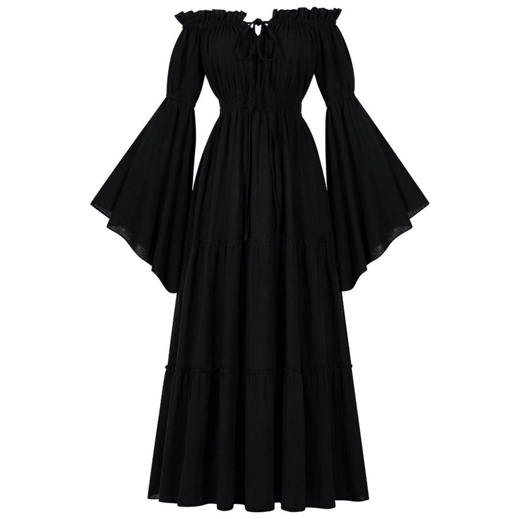 Women's Off-Shoulder Dress Bell Solid Color Long Sleeve Elastic Tiered Flowy Long Dresses Costume