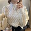 Hollow Out Frosted Lace Blouse Spring Autumn Top Women Korean Slim Fit Zippered Half High Collar Base Shirt