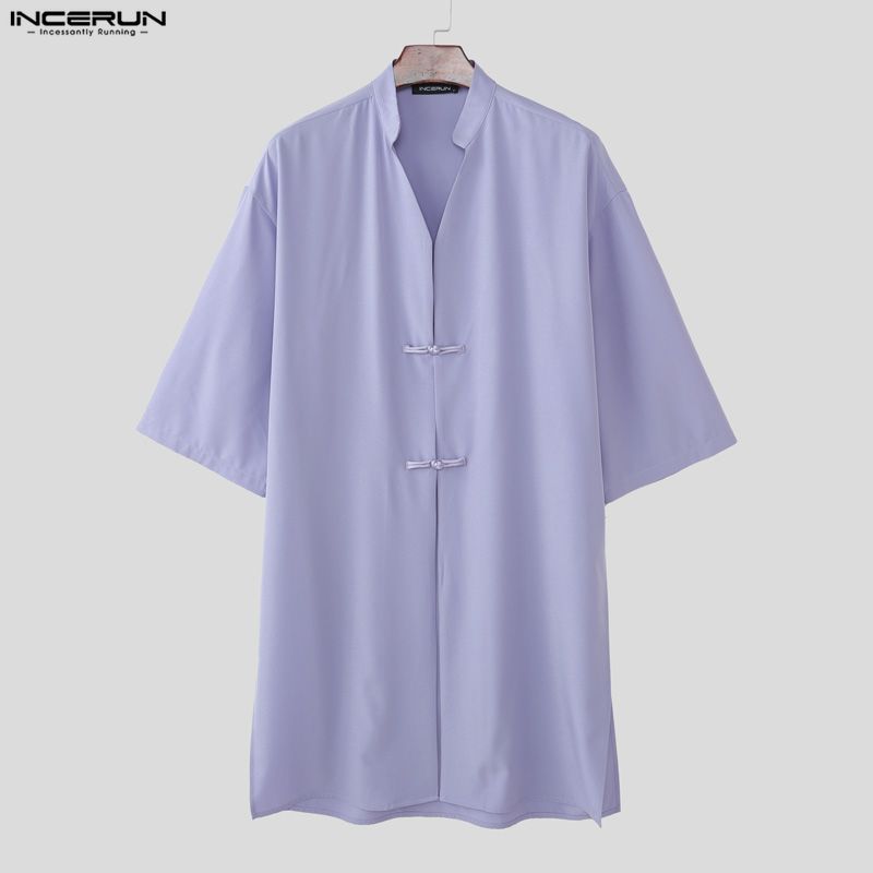 INCERUN Большие летние мужские футболки с V-образным вырезом, коротким рукавом, разрезами, повседневные, длинные, топ-футболки