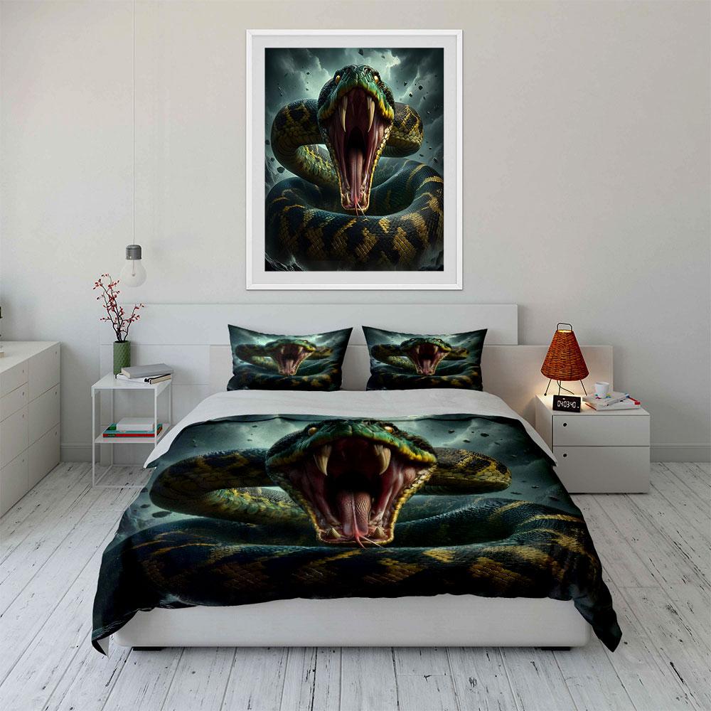 Giant serpent with open jaws Print Bedding Set 1 Duvet Cover 2 Pillowcases for Adult and Children Luxury Gift Full Size