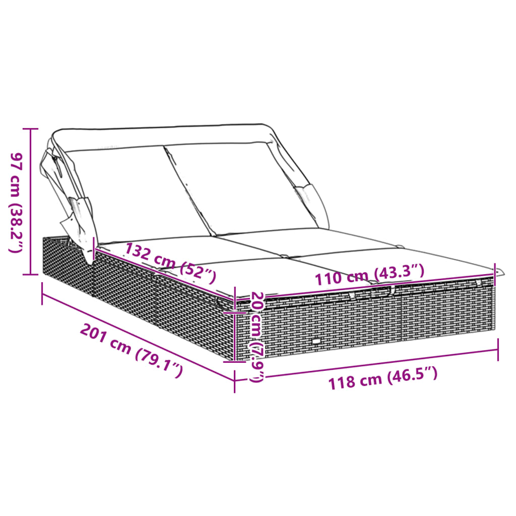 2 Person Sun Lounger with Canopy Black 213 x 118 x 97 cm Poly Rattan