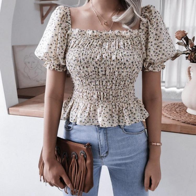 Шикарная женская блузка с цветочным принтом, весна-лето, квадратный вырез, короткий рукав-фонарик, оборка по низу, приталенная, шифоновый топ, простая S-XL