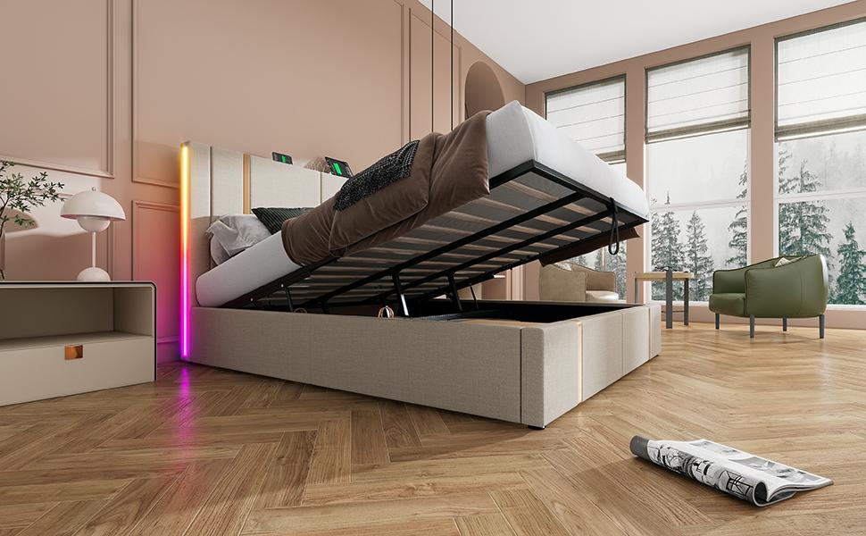 Upholstered double bed USB Type C charging APP control LED 180×200 storage bed frame, wooden slatted frame, beige linen material (without mattress)