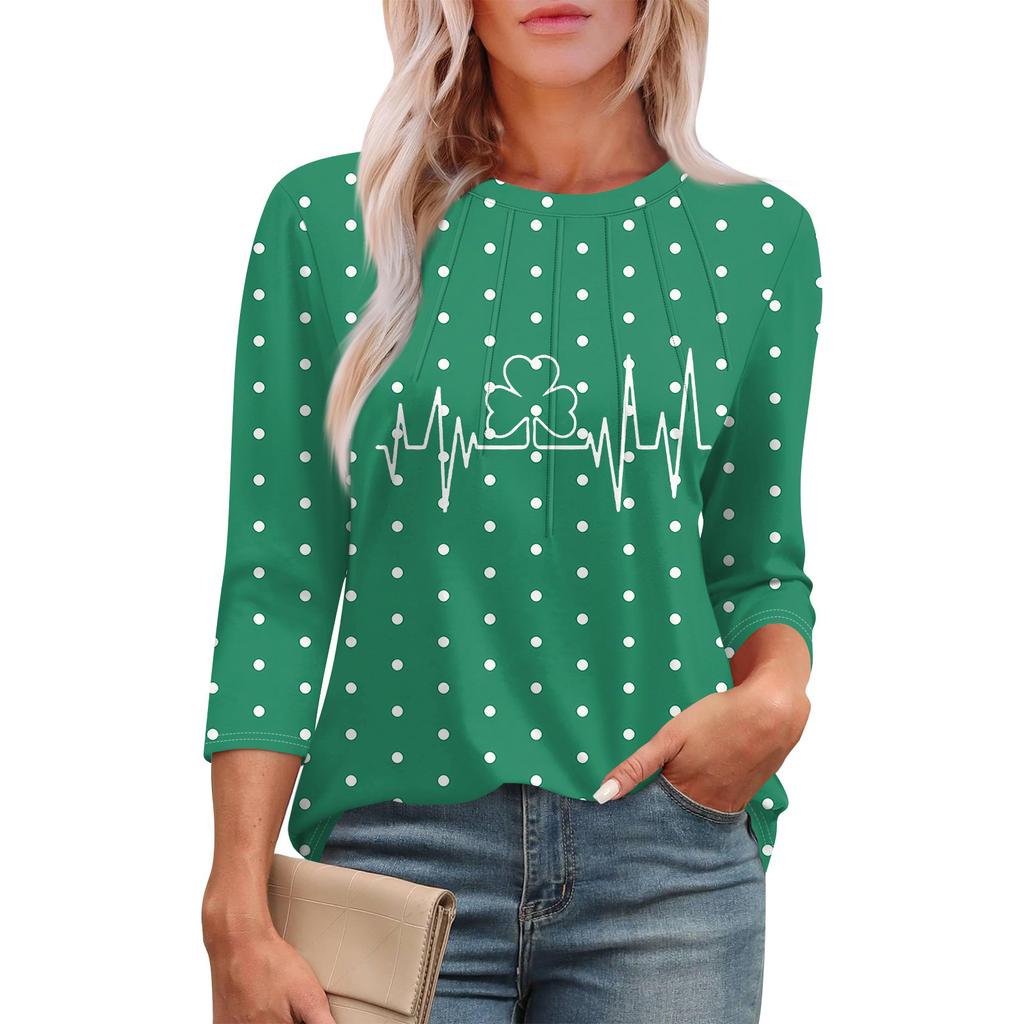 Women's Fashion Round Neck Seven Sleeve St. Patrick's Day Printed Pleated T-Shirt Top
