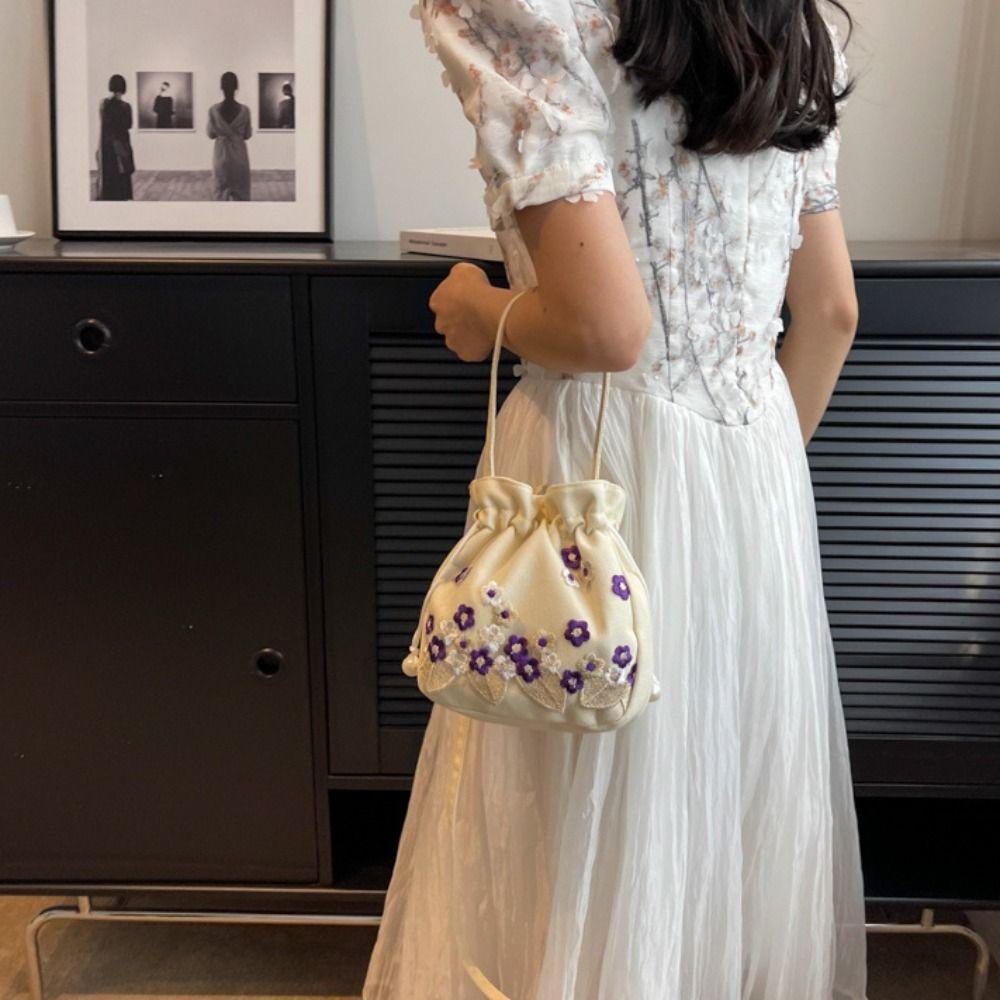 Chinese Embroidery Flower Handbag Shoulder Bag Floral Bucket Bag Hanfu Drawstring Bag Shopping