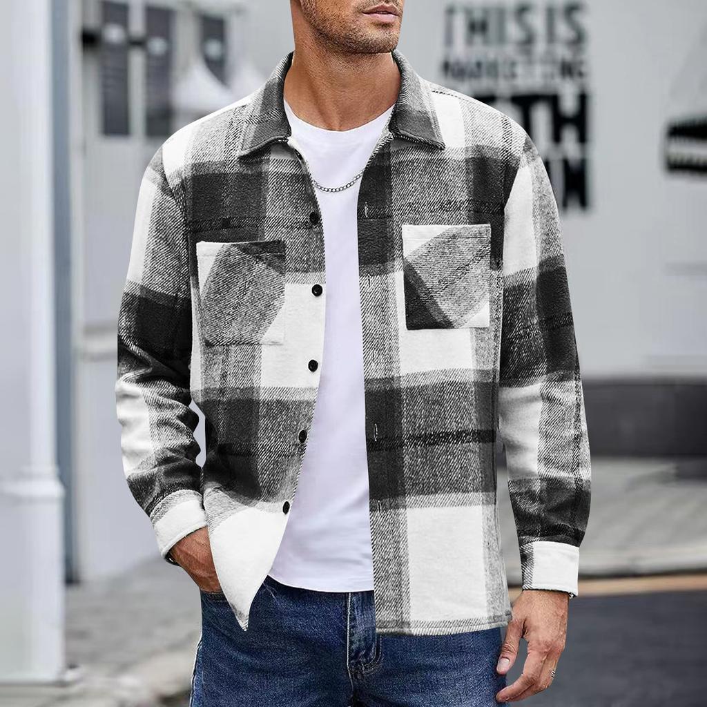 Men's Button Down Double Pocket Warm Plaid Colorblock Casual Comfortable Shirt Jacket