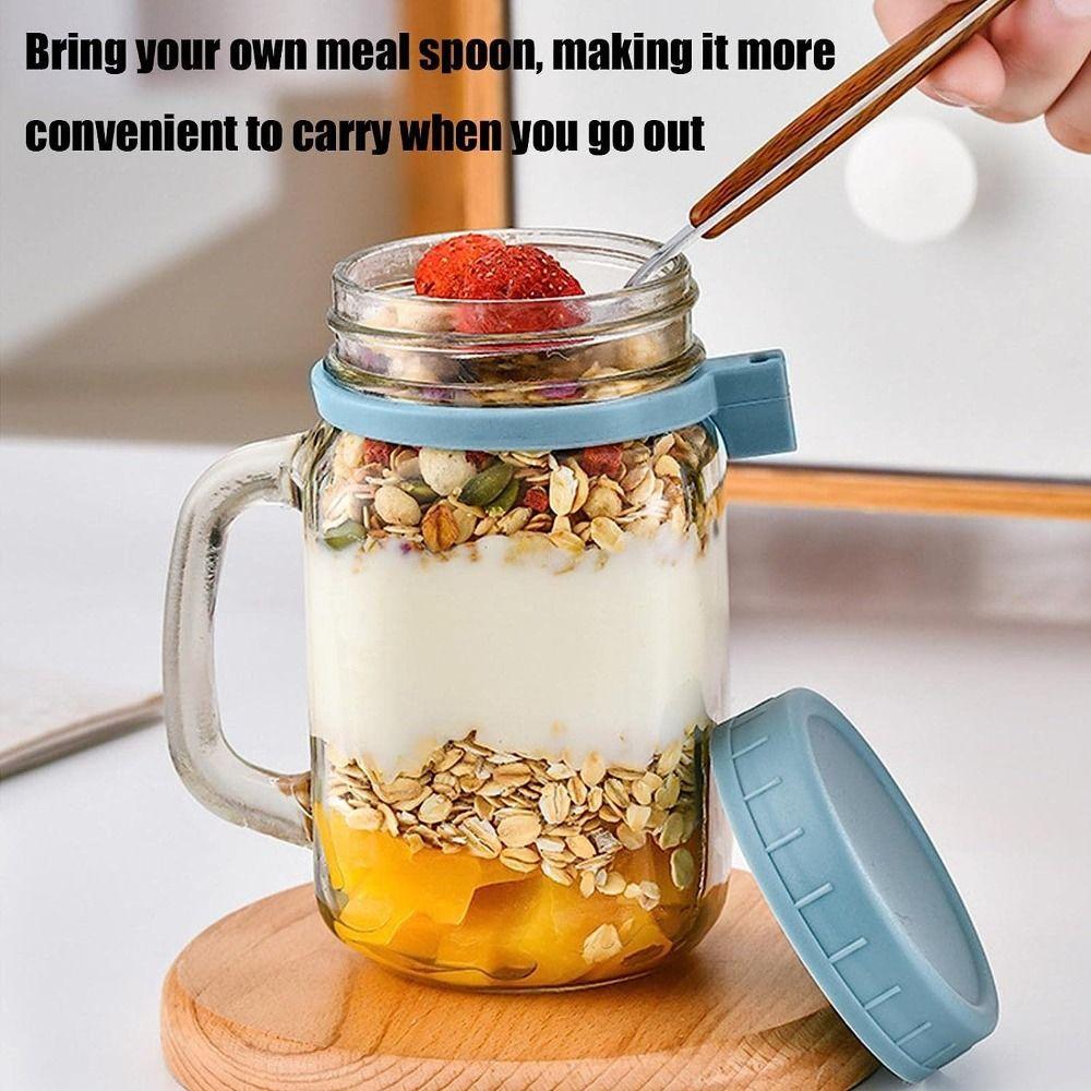 with Lids Spoons & Handle Yogurt Pot Glass Breakfast Jar Oats Container Overnight Oats Jars
