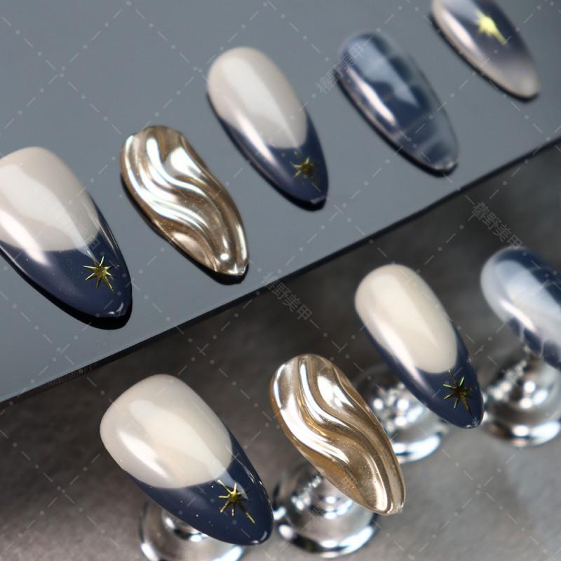Y2K Chic Press-On Nails With Mirror Water Ripple Starburst French Design Women - Almond Shape Ultra-Thin Adhesive Nail Tips