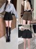 Women's 2024 Black Woolen High-Waisted A-Line Slimming Wide-Leg Winter Shorts