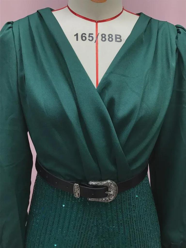 Модные женские французские брюки с широкими штанинами, платье с V-образным вырезом и длинными рукавами, с пайетками на талии, для весны и осени