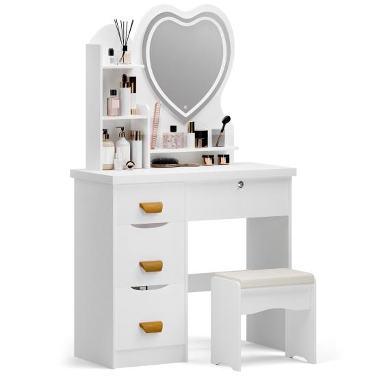 Makeup Vanity Desk with LED Lighted Heart-shaped Mirror, Vanity Table with 4 Drawers and Opening Shelves, Bedroom Dressing Table with Stool