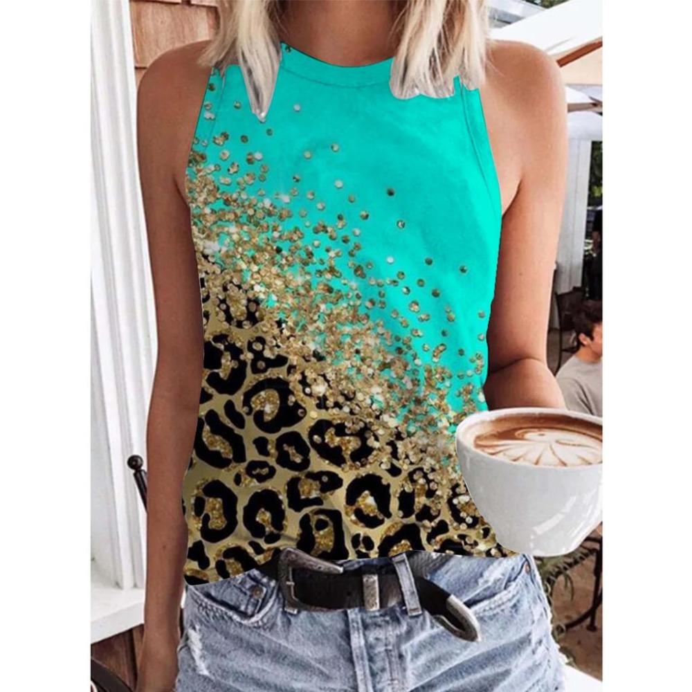 Летние топы с леопардовым принтом и пайетками, 3D-принт, женская мода, уличная одежда, свободный жилет с круглым вырезом, без рукавов, женская майка
