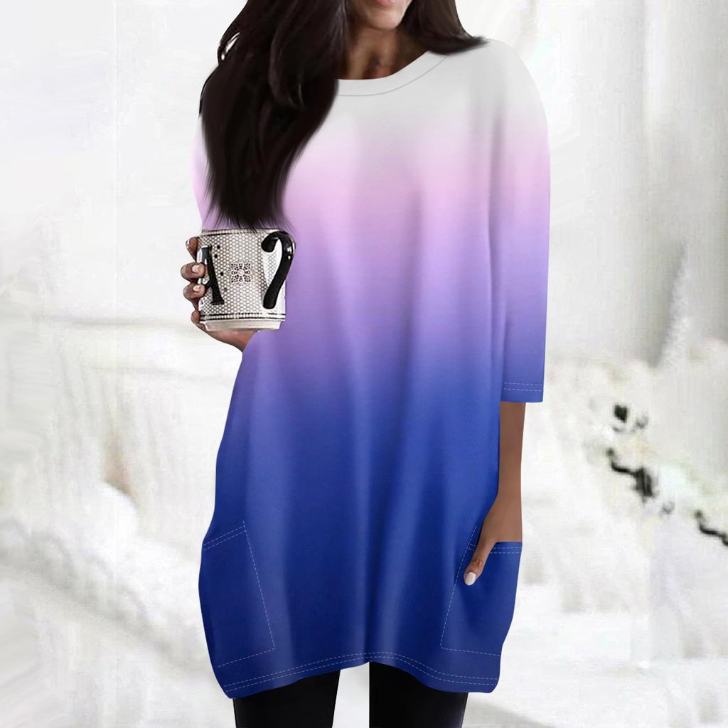 Women's Fashion Casual 3/4 Sleeve Print Round Neck Double Pocket T-Shirt Top