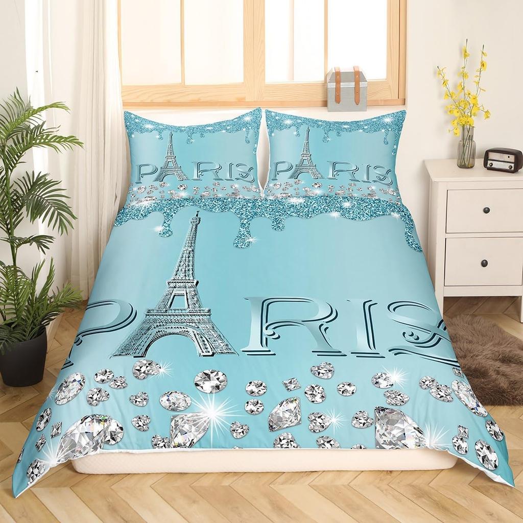 Watercolor Blue Sequin Duvet Cover Queen King Size Girls Teen Bedding Set Eiffel Tower Ombre Diamond Quilt Cover Home Decor