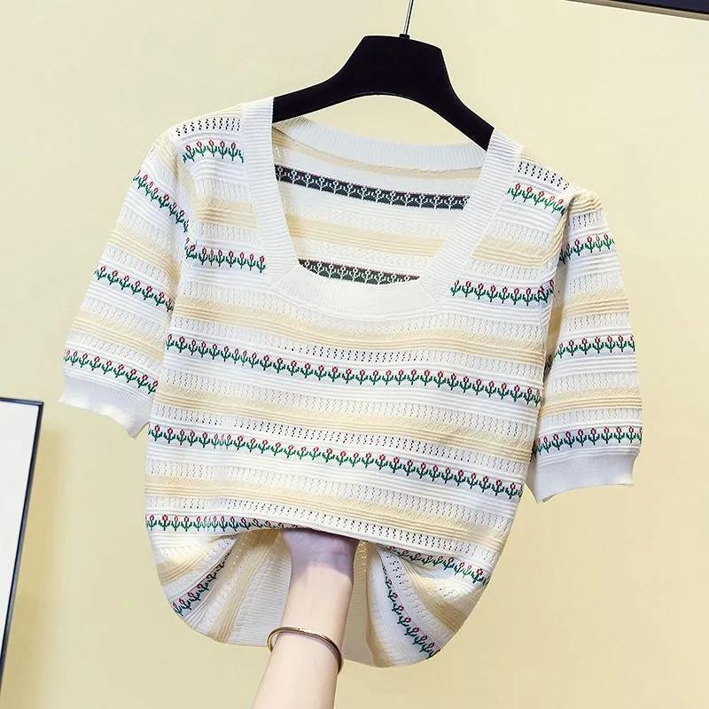 Women's Summer Thin Ice Silk Short-sleeved T-shirt Striped Square Neck Slim Thin Blouse