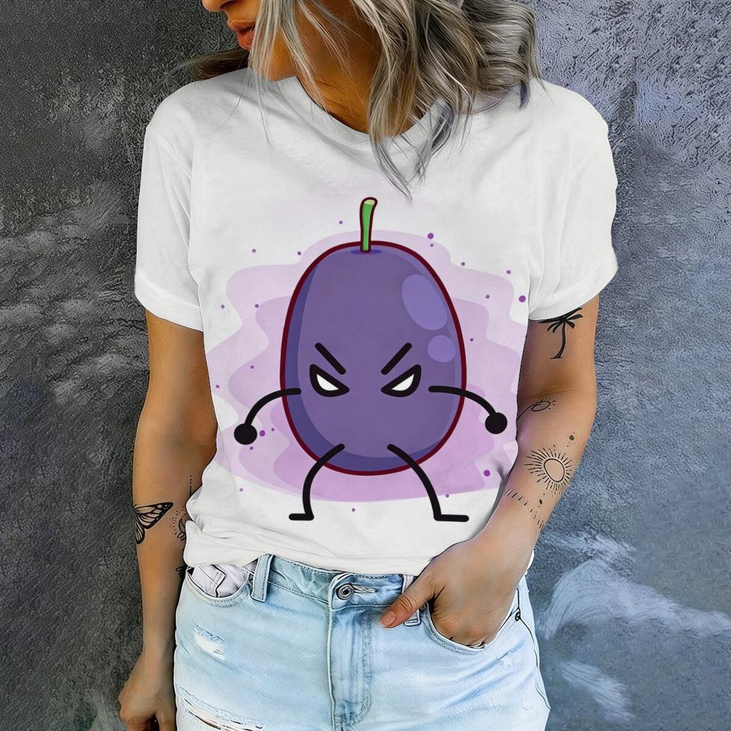 Simple cartoon grape grain printed short sleeved round neck T-shirt for women's summer casual versatile daily commuting top