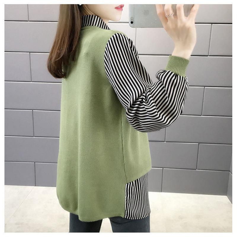 Осенний женский свитер, верхняя одежда, свободный свитер, лоскутная рубашка с воротником, искусственный трикотаж из двух предметов