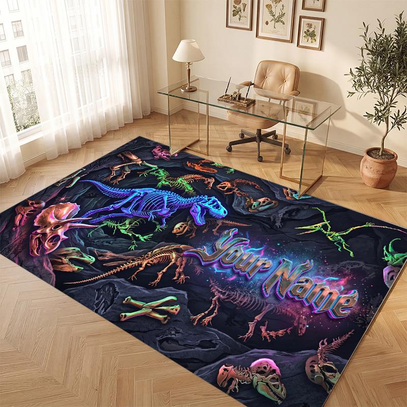 Dinosaur Theme Soft Crystal Velvet Rug Custom Name & Text Print Non Slip Floor Rug for Bedroom Living Room