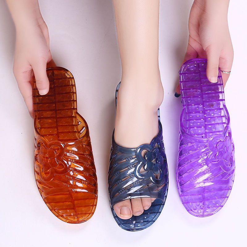 Женские тапочки из прозрачного пластика с центральным каблуком, женские сандалии на танкетке большого размера с желеобразным покрытием, для дома и ванной, нескользящие