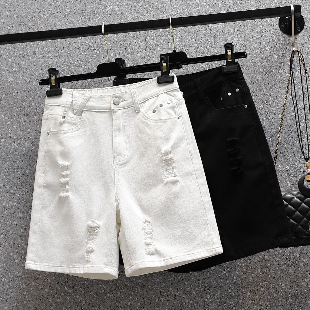 Ladies' Trousers Summer Big Yards Elastic Hole Denim Shorts High Waist Thin Loose Wide Leg Five-minute Trousers
