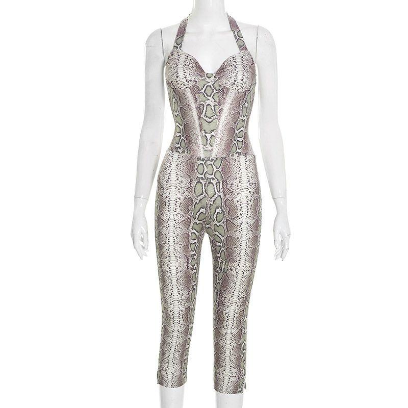 C25Jp339 European and American Women's Clothing Autumn and Winter New Style Elegant and Sexy Sleeveless Snake Print Suspender Slim Long Jumpsuit