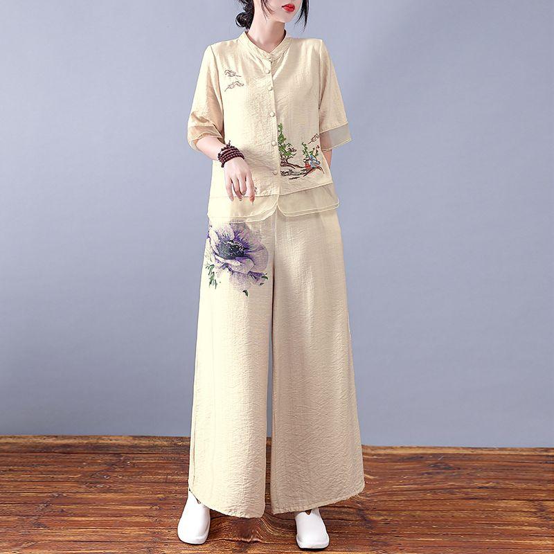Костюм в этническом стиле, женские топы из рами, летние хлопково-льняные кардиганы, китайский льняной свободный костюм из двух предметов с вышивкой