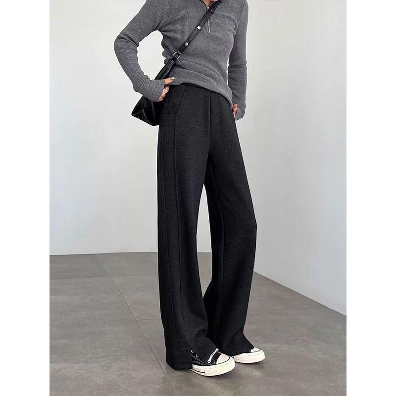 Женские брюки 2024 года из шерстяного флиса в елочку на подкладке с разрезом и прямыми штанинами для повседневной носки осенью/зимой