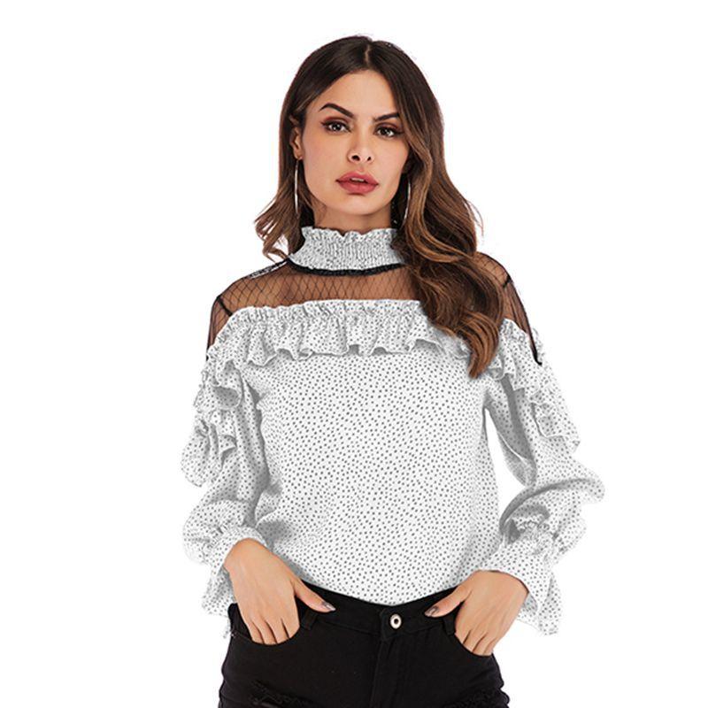 Spring and Autumn Women's Chiffon Long Sleeve Pleated Mesh Splicing Ruffle Polka Dot Chiffon Blouse Top
