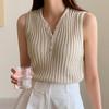 Sleeveless Summer Knitted Tank Tops Women Elegant Casual Buttons Vest Top Design Solid Casual Shirt For Women Clothing 27291