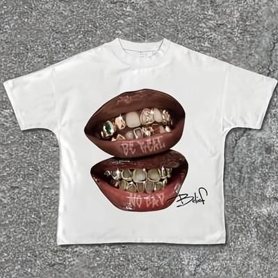 Летняя новинка 2025 года Футболка с коротким рукавом большого размера с принтом в виде двух ртов Модная женская футболка оверсайз