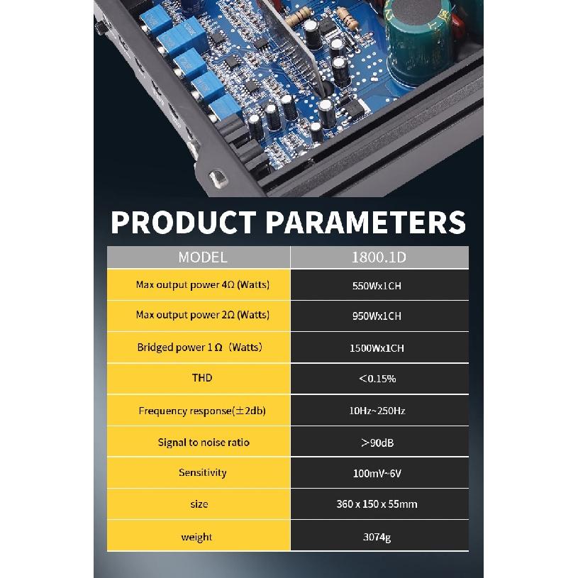 Car Max 1500W single-channel car audio amplifier, low distortion, smooth sound quality, Class D high-power car power amplifier,