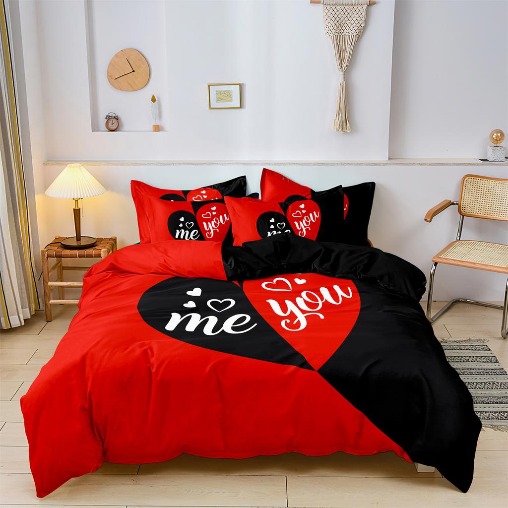 3Pcs Set Red Black Me And You Rose Letters Heart Pattern Printed Quilt Duvet Cover Bedding Set For All Season Bedroom Hotels