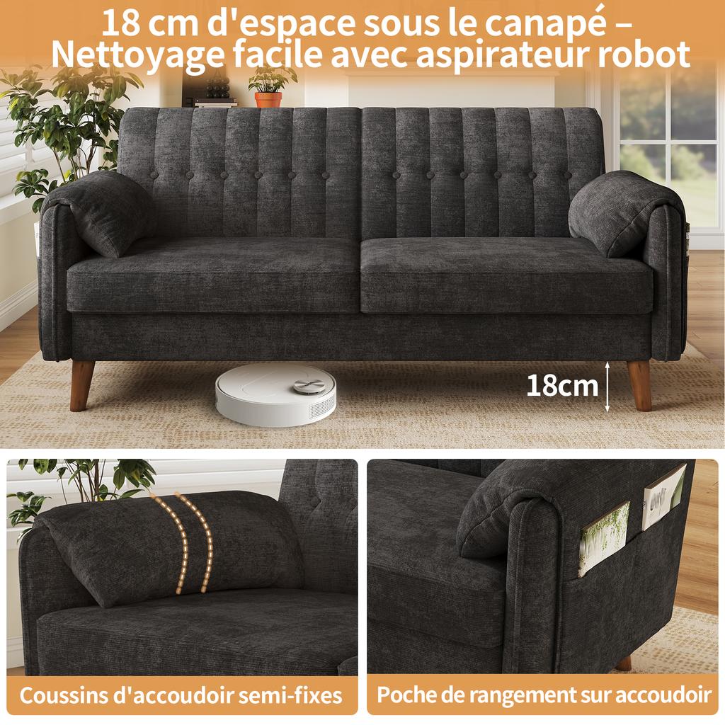 Modern 2-Seater Sofa in Chenille with Thick Seat Cushion, Tufted Backrest, 2 Armrest Cushions, Side Pockets; Solid Wood Legs, Easy to Assemble, Grey