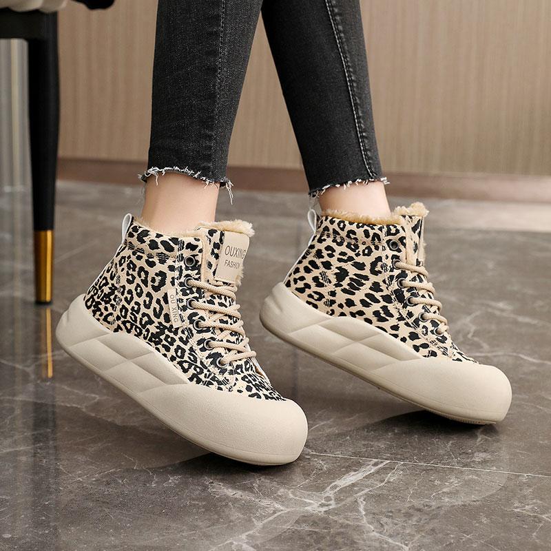 TUINANLE Winter Plush Casual Platform Shoes Woman Sneakers Slip On Shoes Women Flock Leopard Print Chunky Sneakers