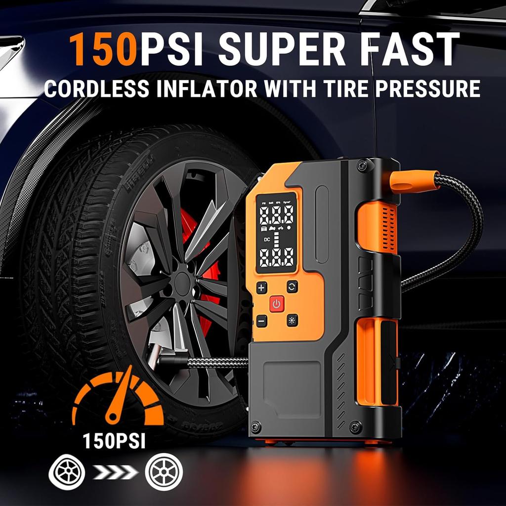 Автомобильный пуско-зарядное устройство с компрессором - 5000А 150PSI, 12В Портативное пуско-зарядное устройство с ЖК-дисплеем и светодиодной подсветкой