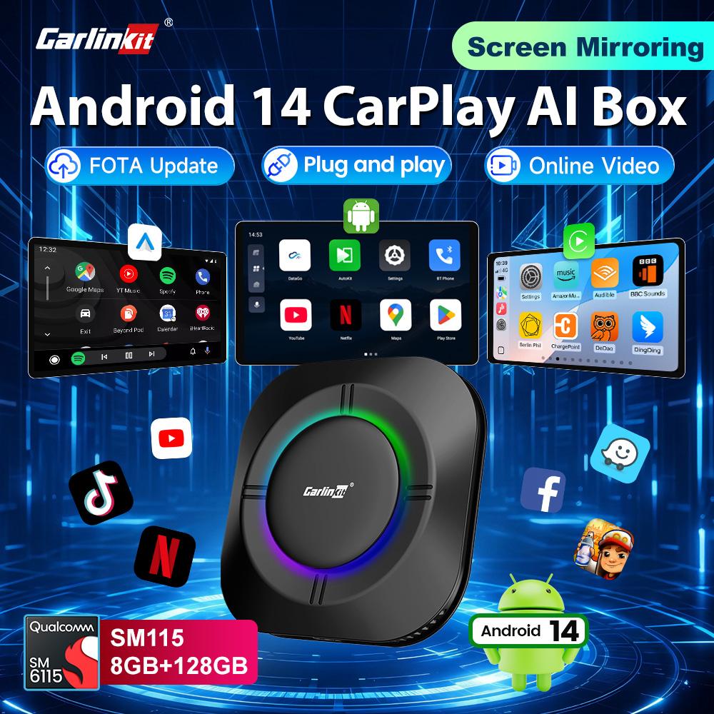 CarlinKit 4-In-1 Android 14 TV Box CarPlay Ai Box 8G+128GB Wireless Android Auto Screen Mirroring Online Video 4G LTE GPS FOTA