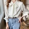 Brand Women White and Blue Blouse Stand Bow Casual Spring Autumn Tops Button Long Sleeve Chiffon Shirts Blusas Femme Loose Shirts