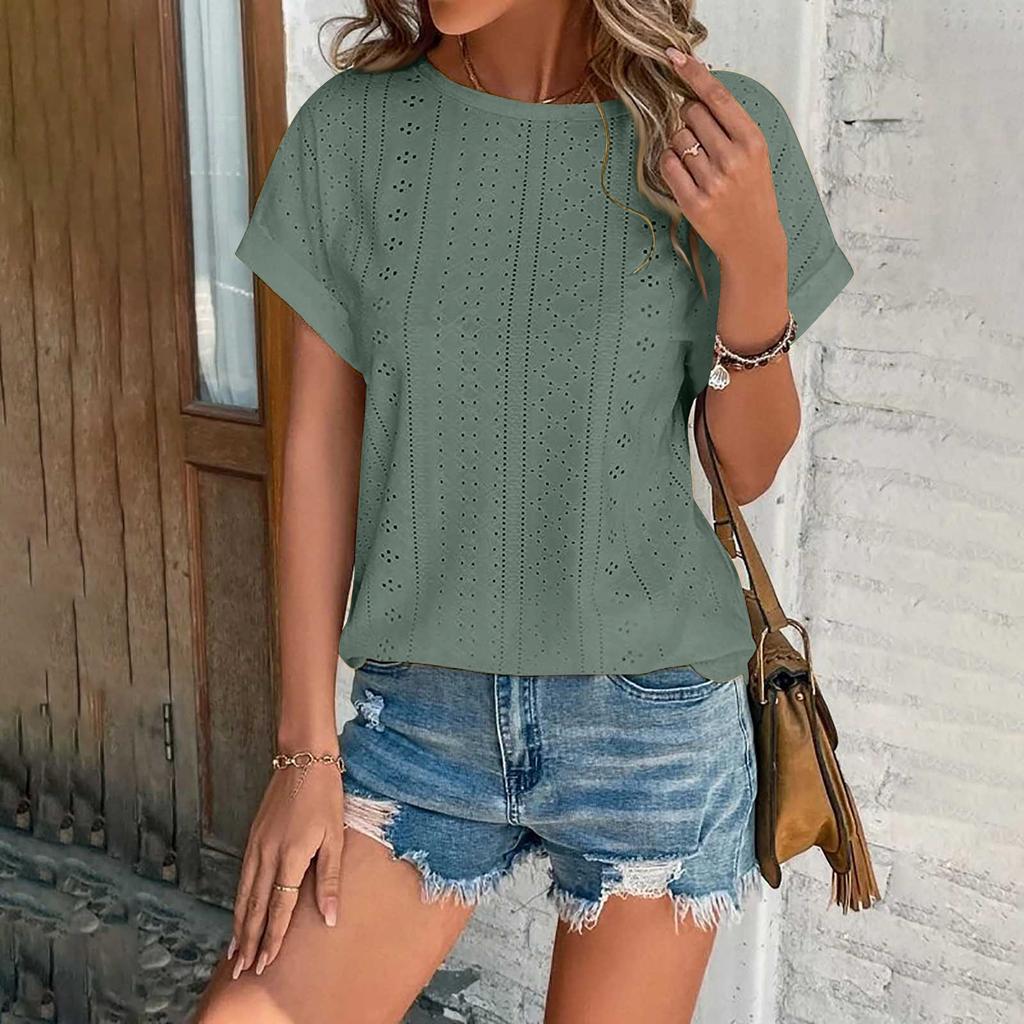 Летняя женская однотонная однотонная плиссированная футболка с коротким рукавом и круглым вырезом, легкая однотонная футболка в уличном стиле, топ