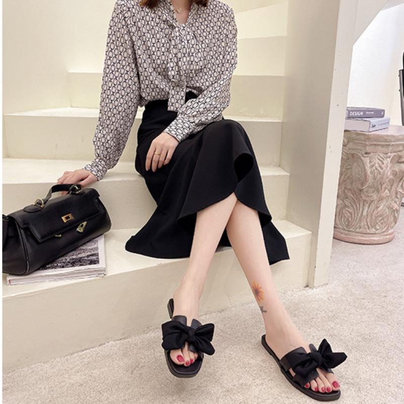 Однотонная женская обувь с бантом, летние корейские модные нескользящие тапочки, верхняя одежда, пляжные тапочки