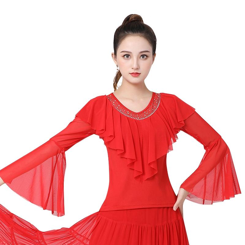 Solid Color Belly Dance Top Dance Practice Suspender Practice Clothes Social Dance Square Dance Practice Long Sleeved Top