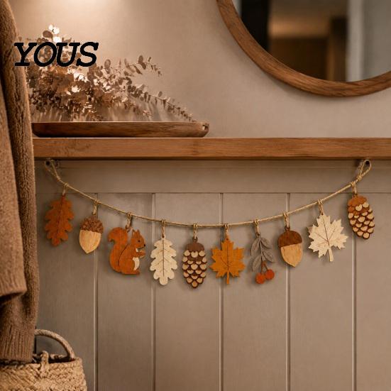 Tactile Wooden Wall Art Fall Garland Decor, Rustic Autumn Hanging Ornament with Squirrel Handmade Maple Leaf Pinecone, Harvest
